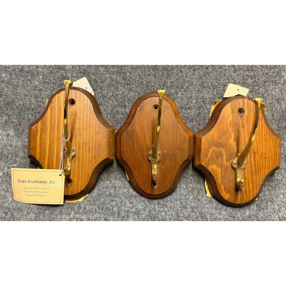Cape Craftsmen Wood Brass Wall Hooks Set of 3 Vintage Plaque Coat Hat Hangers